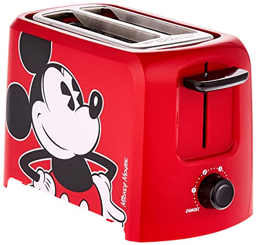 Red 2-slice toaster with a large classic Mickey Mouse on the side