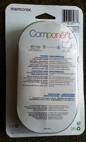 Back of the Memorex component cable pack with features and specifications