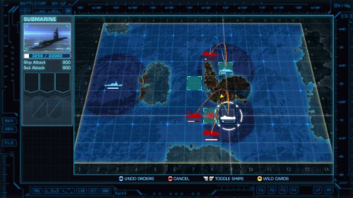 Tactical grid map screen with a submarine selected and ship markers