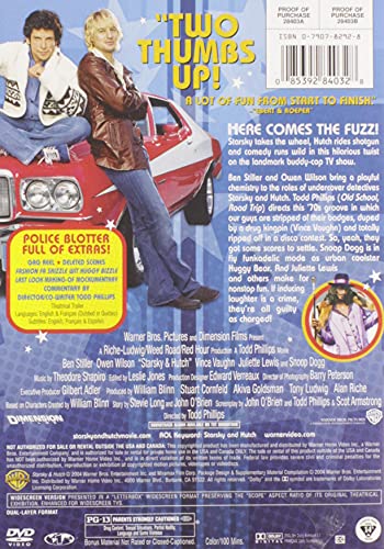 Back of the Starsky and Hutch DVD case with Two Thumbs Up quote and synopsis