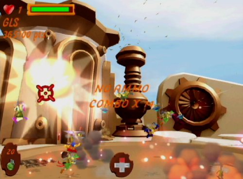 Explosion and combo text as chickens swarm a copper tower