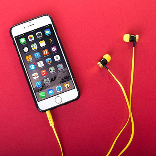 Yellow M&M earbuds plugged into a smartphone on a red background