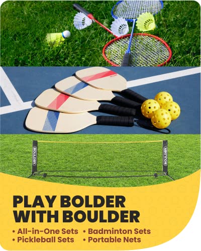 Badminton set, pickleball paddles with balls on a court and a portable net