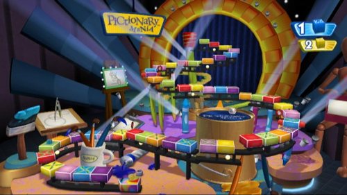 Colorful spiral track game board with paint pots and easels