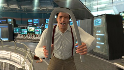 Henchman with metal teeth bending a steel pipe in a control room