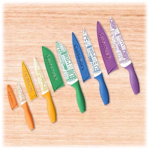 Five colorful printed knives and sheaths laid out on a wooden counter