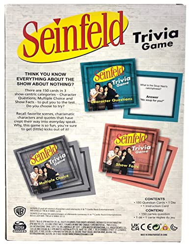 Back of the trivia game box with three card categories and contents