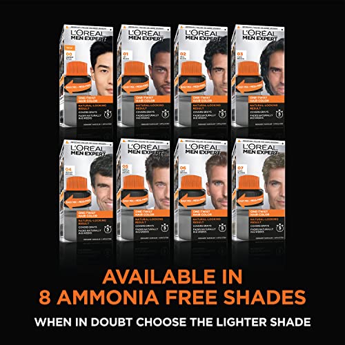 Eight men's hair color boxes in shades 00 to 07, ammonia free