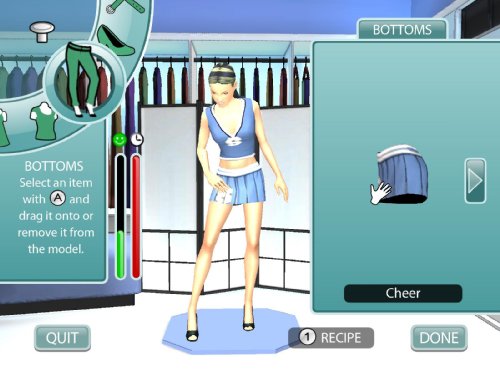 Design screen choosing a pleated cheer skirt for the model