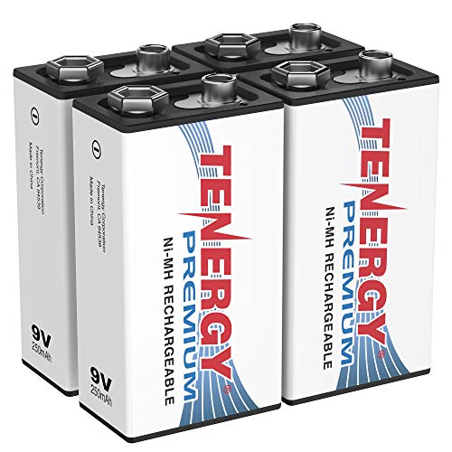 Tenergy Premium 9V Batteries Rechargeable High Drain 250mAh NiMH 9V Square Battery for Smoke Alarm/Detector, 4 Pack