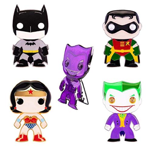 Five hero enamel pins in a series: bat hero, sidekick, amazon, clown and a purple variant