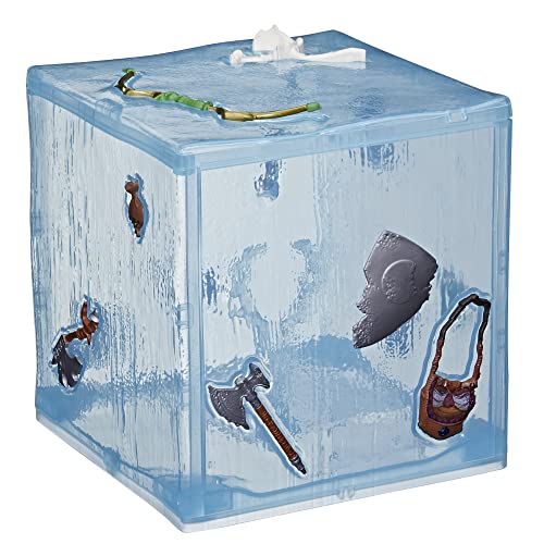 Blue cube figure with a bow, axe, shield and satchel embedded