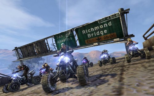 Defiance gameplay: riders on quad bikes racing under a Richmond Bridge exit sign
