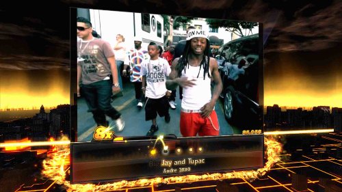 Rap game screen with a music video of rappers walking down a street