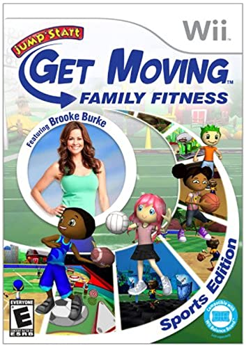 Wii family fitness game cover with a host and cartoon kids playing sports