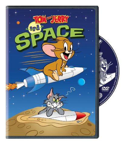 Cartoon DVD cover with a mouse riding a rocket over a grumpy cat on the moon
