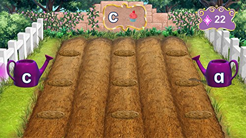 Garden letter game with watering cans marked c and a over soil rows