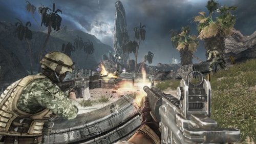 First-person shooter scene with a soldier firing at a jungle alien tower