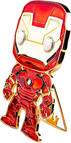 Red and gold armored hero enamel pin at an angle on its metal stand