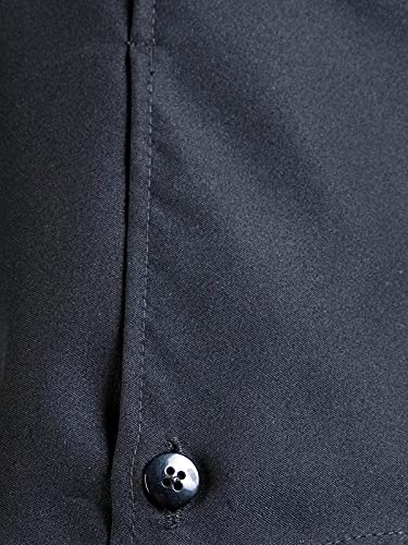 Detail of a dark four-hole button and seam on the black jacket fabric
