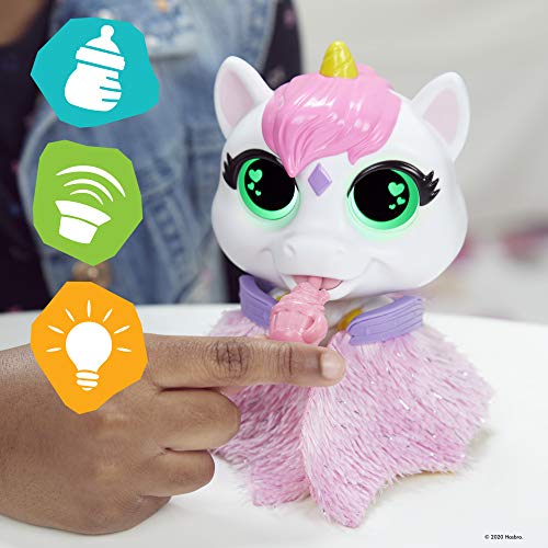 Airina unicorn with glowing green eyes sipping from its pink toy bottle