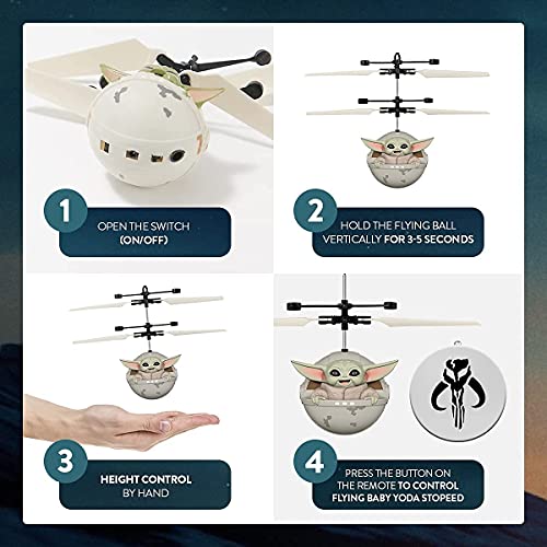 Four steps: switch on, hold upright, hover by hand, use the remote
