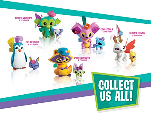 Animal Jam collectible figures with pets: monkey, penguin, raccoon, koala and bunny
