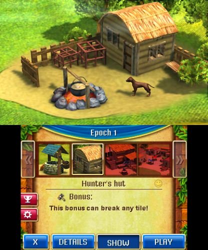 Epoch 1 build screen showing a hunter's hut with a campfire and dog