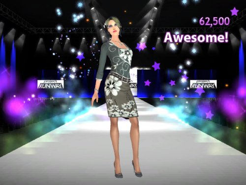 Model in a floral print dress on a runway with an Awesome score