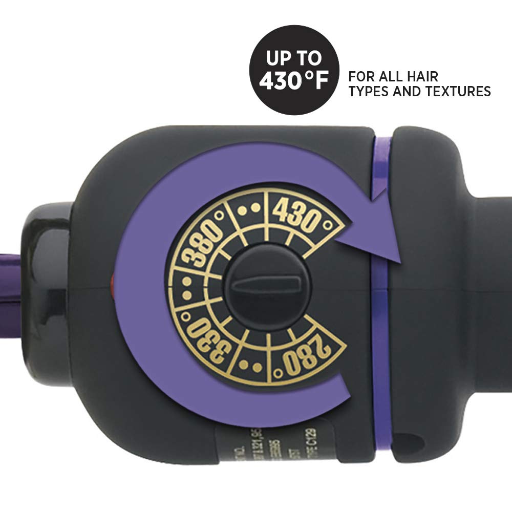 Close-up of the gold heat dial from 280 to 430 degrees F