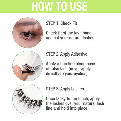 How to use: check fit, apply adhesive along the lash band, then apply lashes