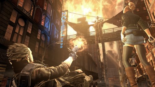 Hero firing at a winged creature over a burning city street
