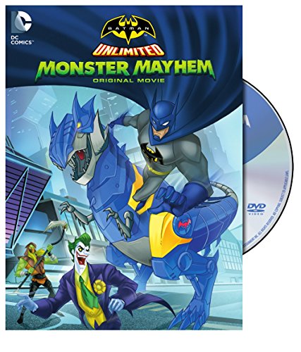 DVD cover with a caped hero riding a robot dinosaur and a grinning villain