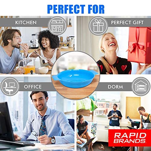 Blue egg cooker bowl with scenes of kitchen, gift, office and dorm use