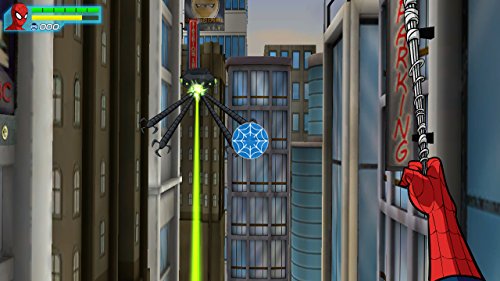 First-person web swing toward a drone between city buildings