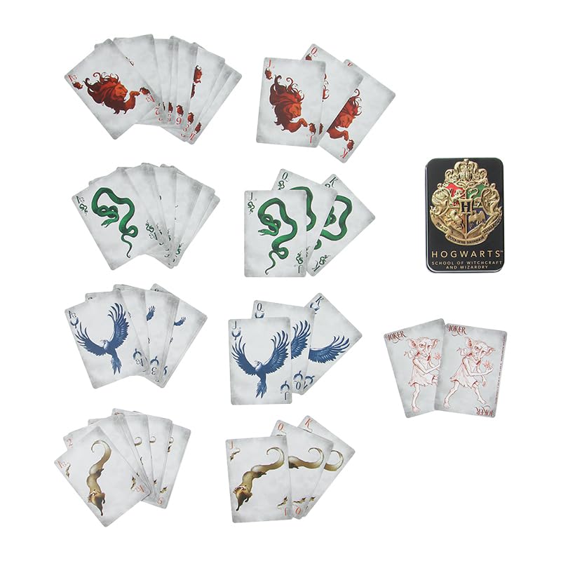 Full deck laid out in four house suits with lion, snake, eagle and badger art, plus jokers