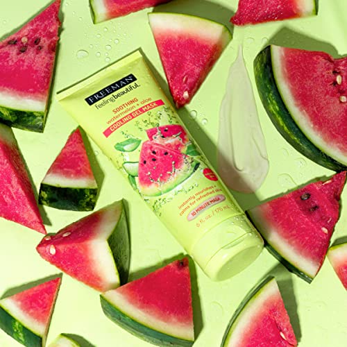 Freeman watermelon and aloe gel mask tube with a gel swatch on green with melon slices