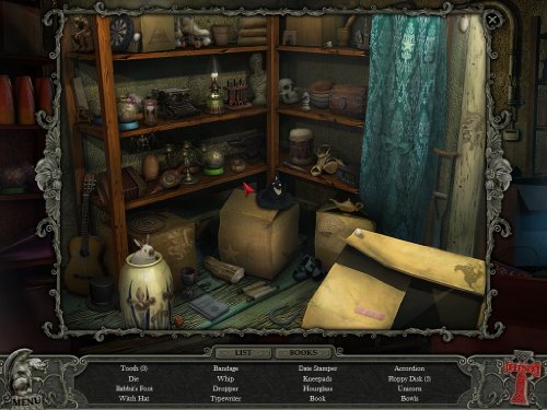 Hidden object scene of cluttered shelves with an item list below