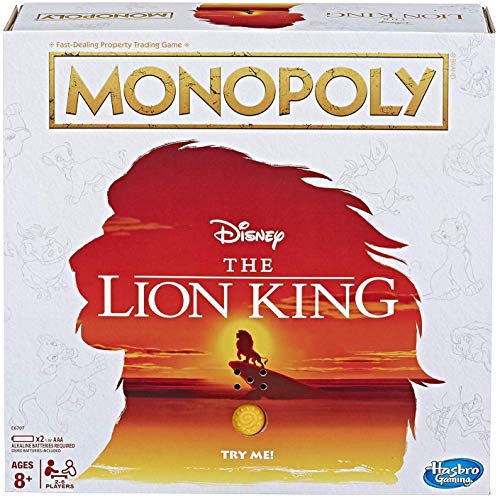Monopoly Disney The Lion King box with Simba silhouette at sunset and a Try Me button