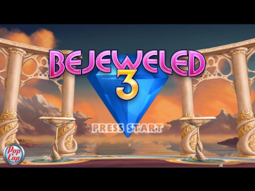 Title screen with a blue gem between stone columns: press start