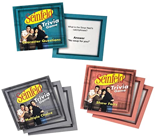 Three stacks of trivia cards: character questions, multiple choice, show facts
