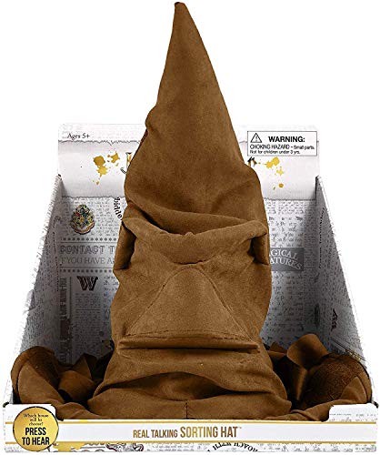 Brown talking sorting hat in its open display box with a press to hear button