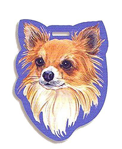 Luggage tag shaped like a long-haired tan Chihuahua head with a purple edge