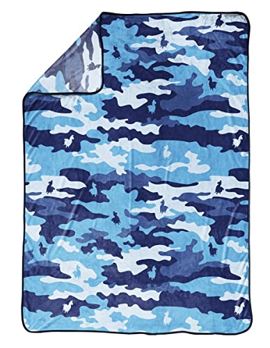 Blue camo llama blanket with one corner folded over