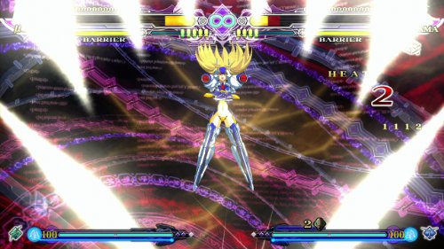 Fighting game screen of a blonde fighter with blade legs in a burst of light