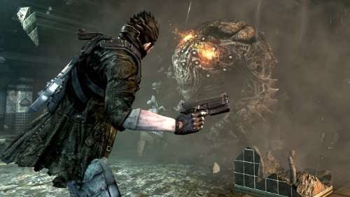 Gunman in a long coat aiming a pistol at a huge rock monster