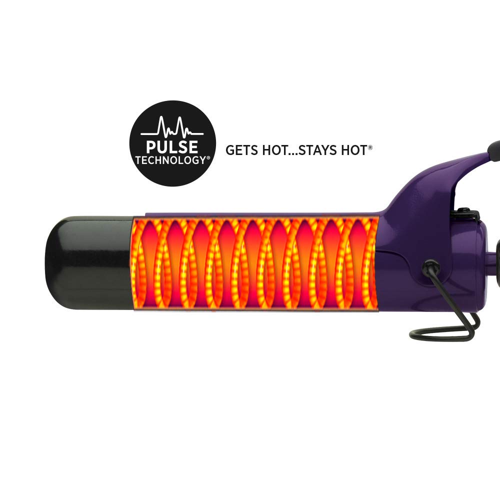 Purple curling iron barrel with an orange heat pattern showing pulse heating