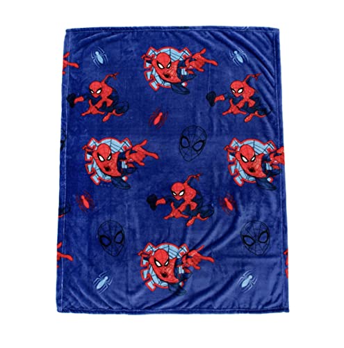 Navy fleece blanket printed with swinging Spider-Man figures and spider emblems