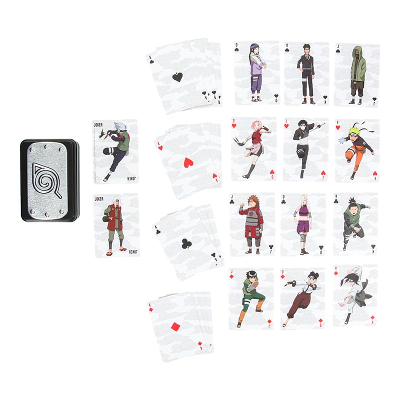 Anime playing cards laid out with ninja character face cards and two jokers