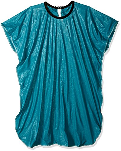 Teal vinyl shampoo cape with a black neckband, front view